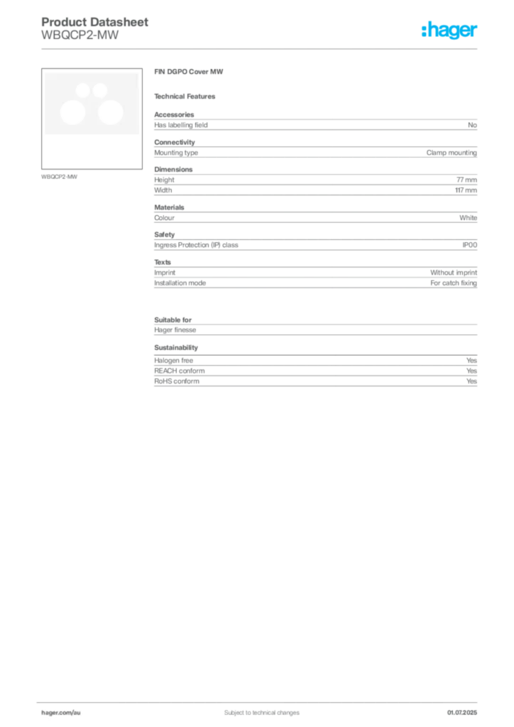 Image Hager Product data sheet WBQCP2-MW  | Hager Australia