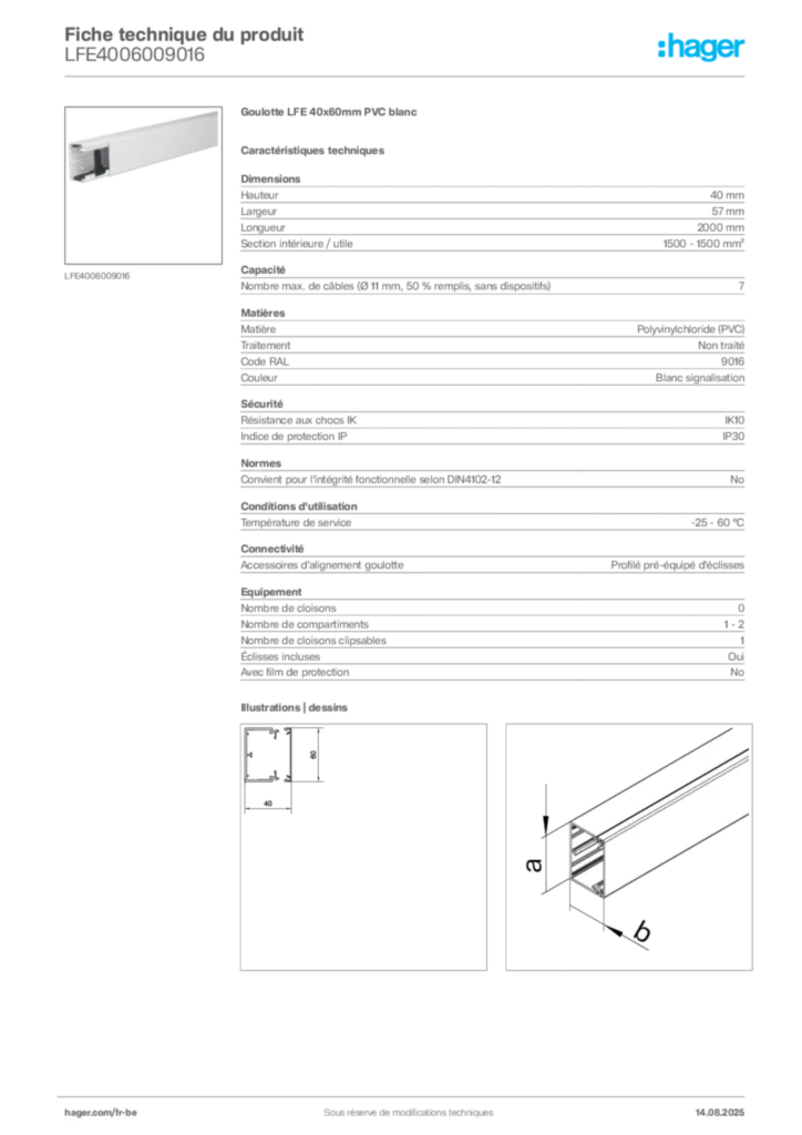 Image Hager Fiche technique du produit LFE4006009016 | Hager Belgique