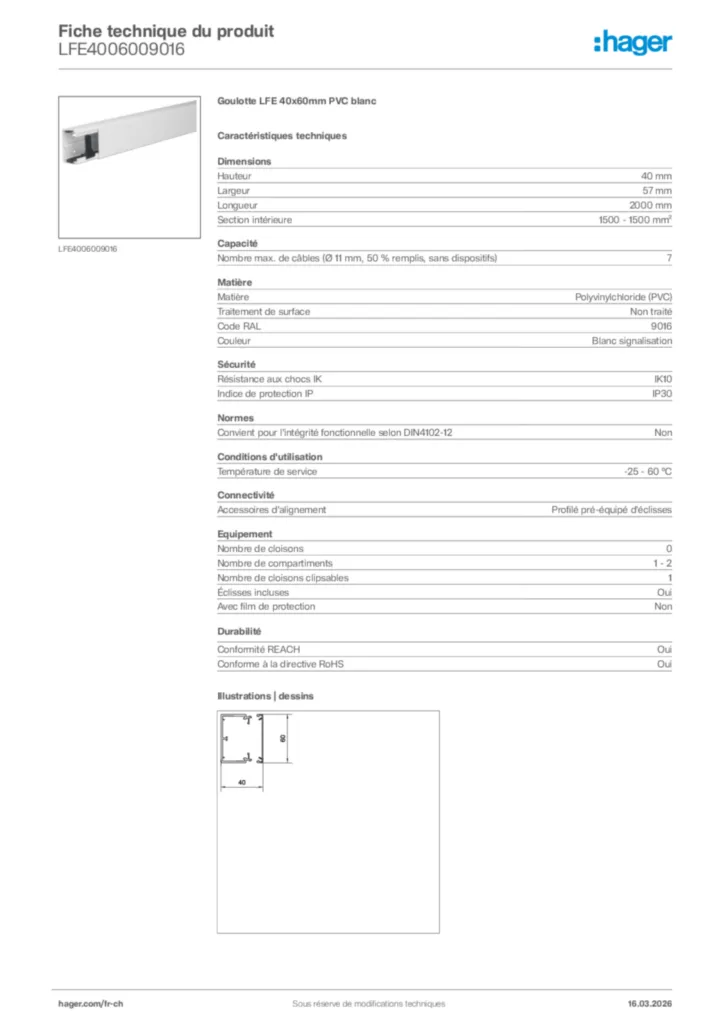 Image Hager Fiche technique du produit LFE4006009016 | Hager Suisse