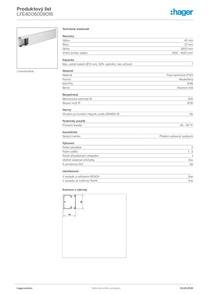 Obrázek Hager Product data sheet LFE4006009016 | Hager