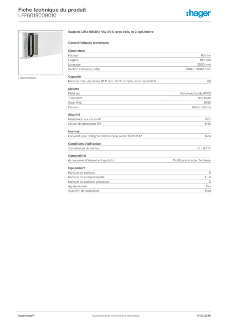 Image Hager Fiche technique du produit LFF6019009010 | Hager France