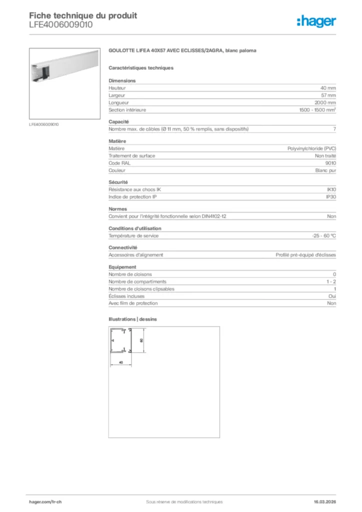 Image Hager Fiche technique du produit LFE4006009010 | Hager Suisse