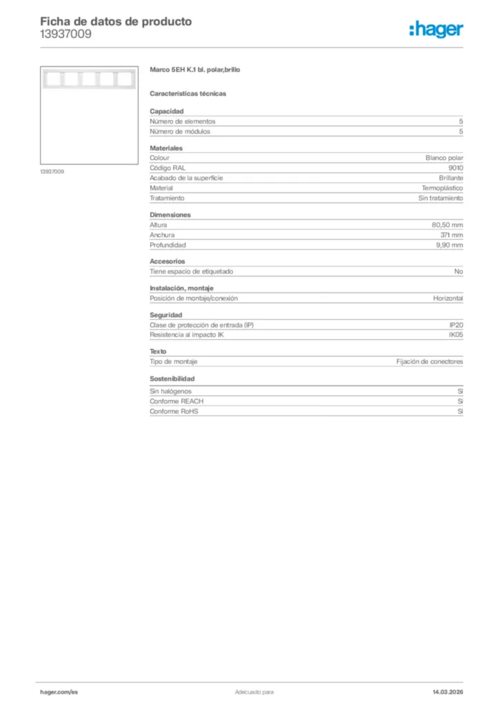 Imagen Hager Ficha de datos de producto 13937009 | Hager España