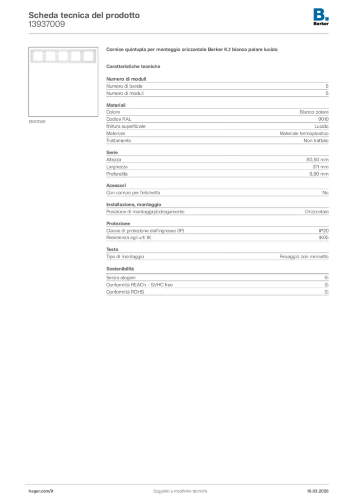 Immagine Berker Scheda tecnica del prodotto 13937009 | Hager Italia