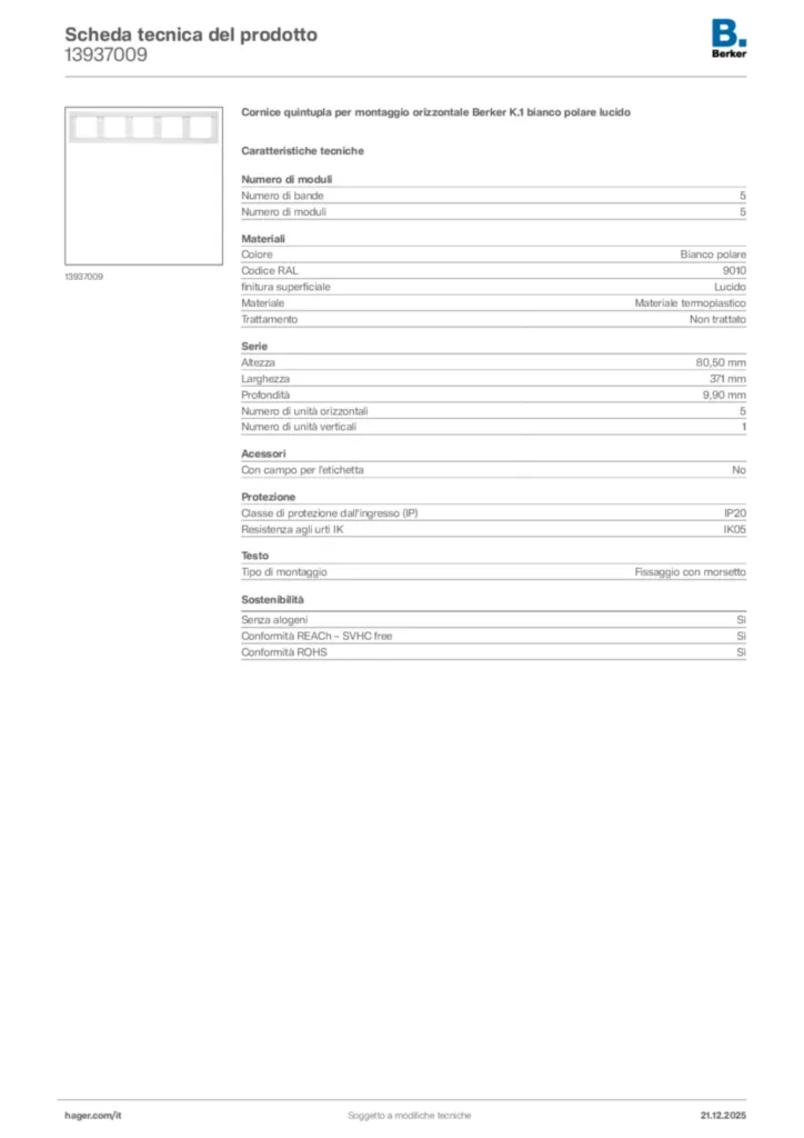Immagine Berker Scheda tecnica del prodotto 13937009 | Hager Italia