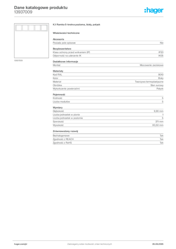 Zdjęcie Hager Dane katalogowe produktu 13937009 | Hager Polska