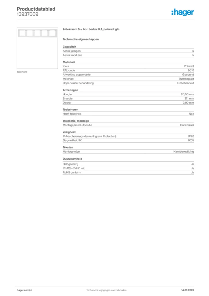 Afbeelding Hager Productdatablad 13937009 | Hager Nederland