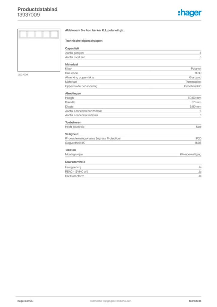 Afbeelding Hager Productdatablad 13937009 | Hager Nederland