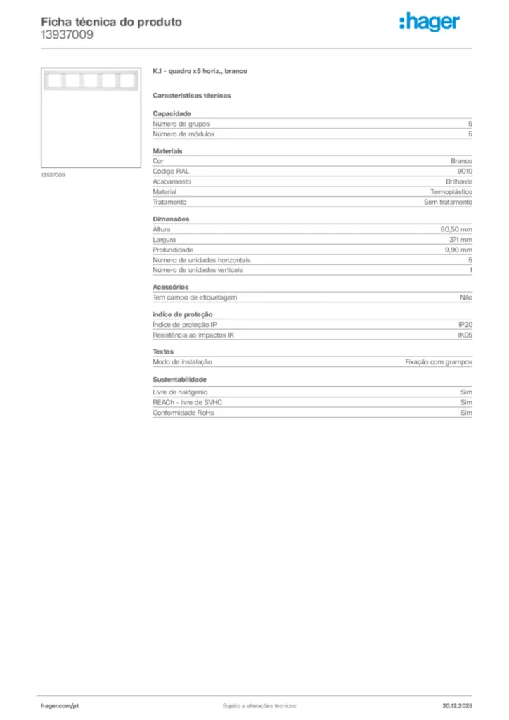 Imagem Hager Ficha técnica do produto 13937009 | Hager Portugal