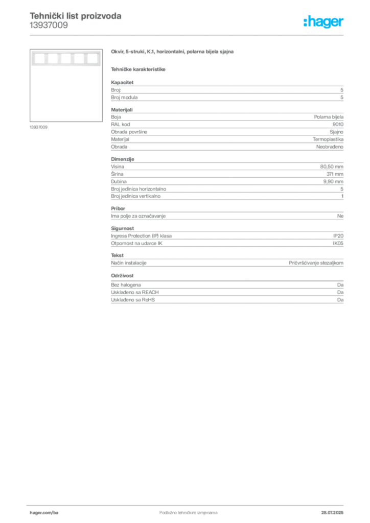 Slika Hager Product data sheet 13937009  | Hager