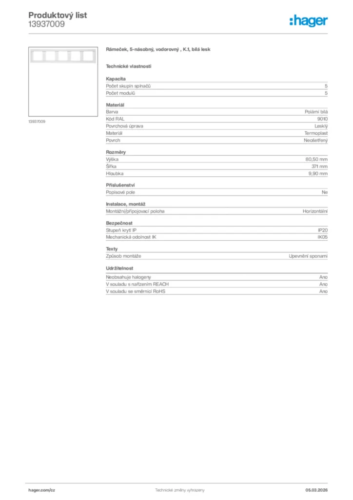 Obrázek Hager Product data sheet 13937009 | Hager