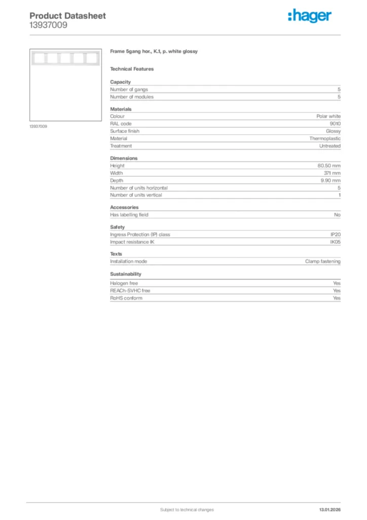 Image Hager Product data sheet 13937009  | Hager
