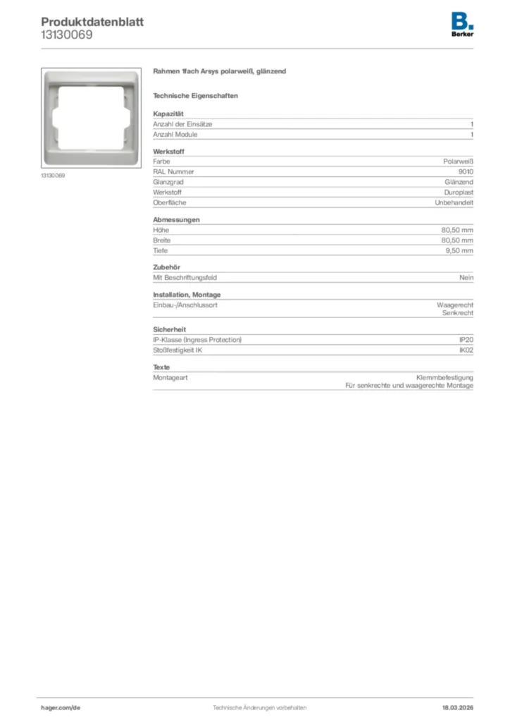 Bild Berker Produktdatenblatt 13130069 | Hager Deutschland