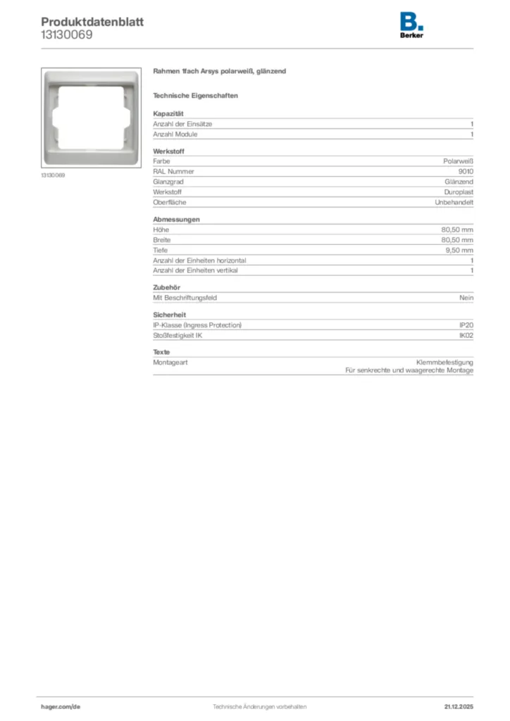 Bild Berker Produktdatenblatt 13130069 | Hager Deutschland