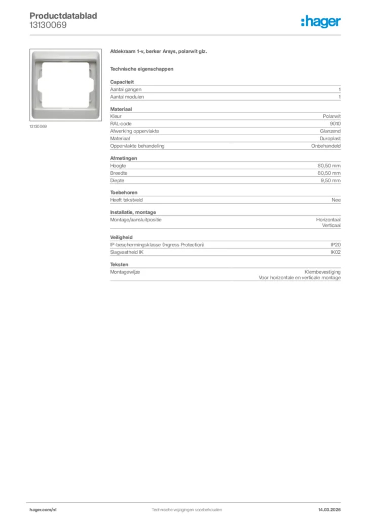 Afbeelding Hager Productdatablad 13130069 | Hager Nederland
