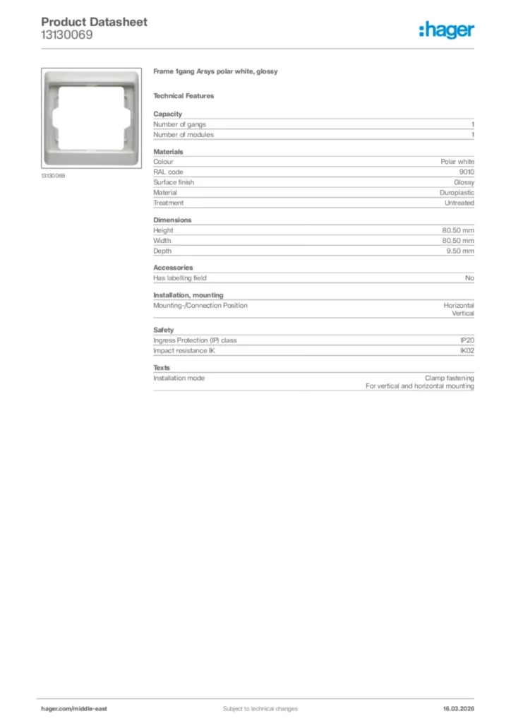 Image Hager Product data sheet 13130069  | Hager