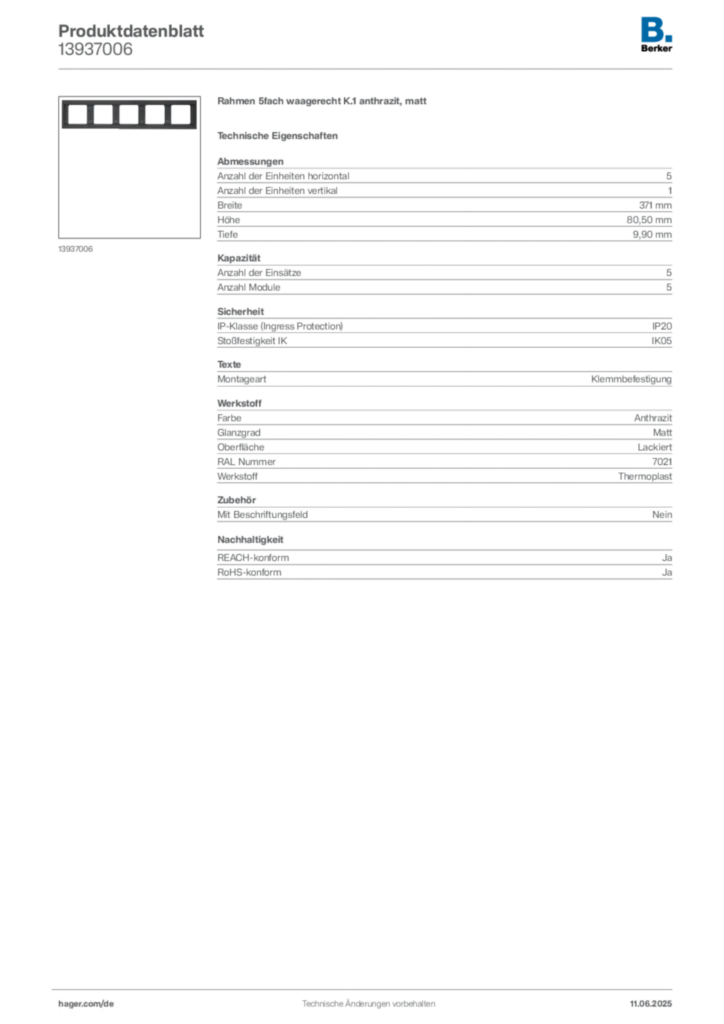 Bild Berker Produktdatenblatt 13937006 | Hager Deutschland