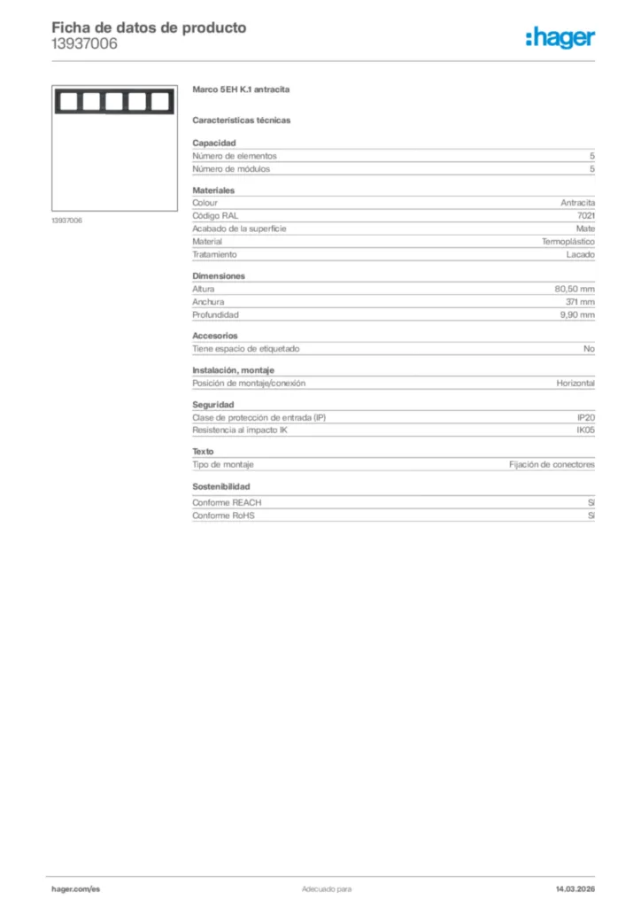 Imagen Hager Ficha de datos de producto 13937006 | Hager España