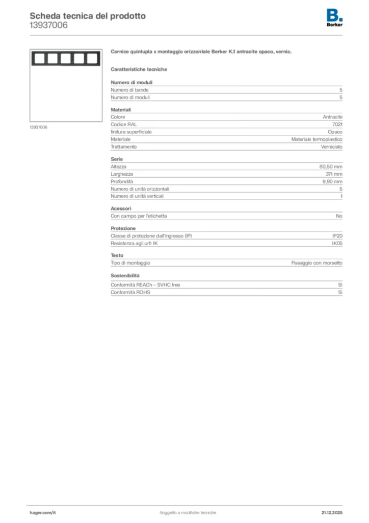 Immagine Berker Scheda tecnica del prodotto 13937006 | Hager Italia