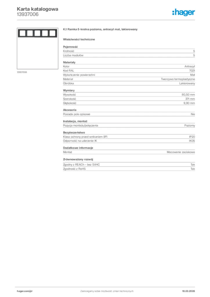 Zdjęcie Hager Karta katalogowa 13937006 | Hager Polska