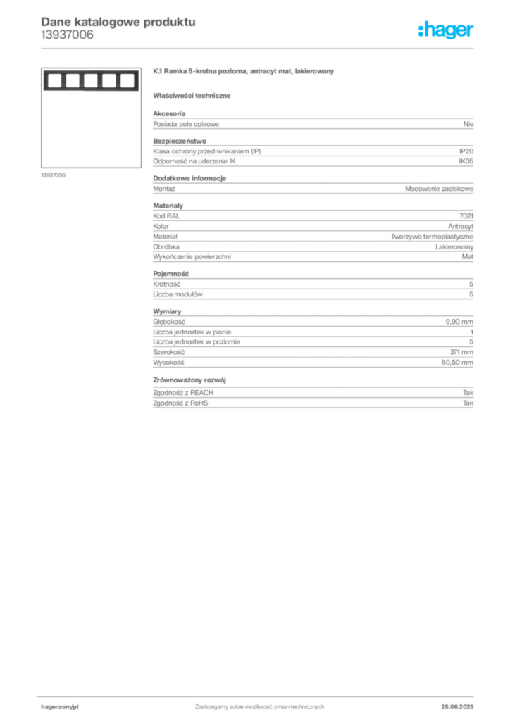 Zdjęcie Hager Dane katalogowe produktu 13937006 | Hager Polska
