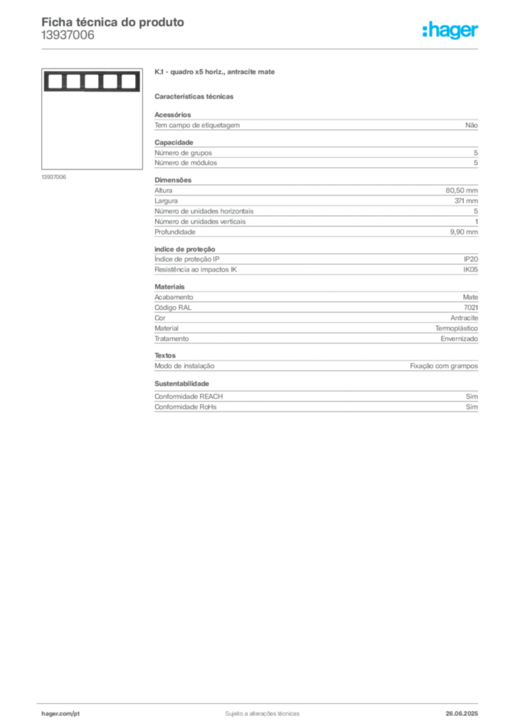 Imagem Hager Ficha técnica do produto 13937006 | Hager Portugal