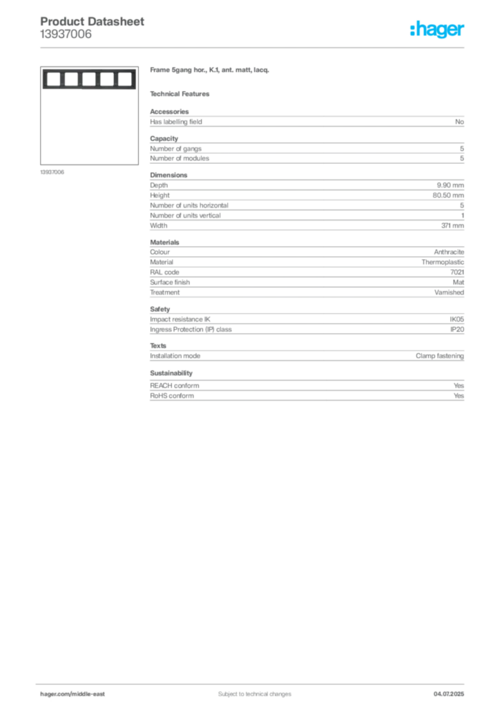 Image Hager Product data sheet 13937006  | Hager