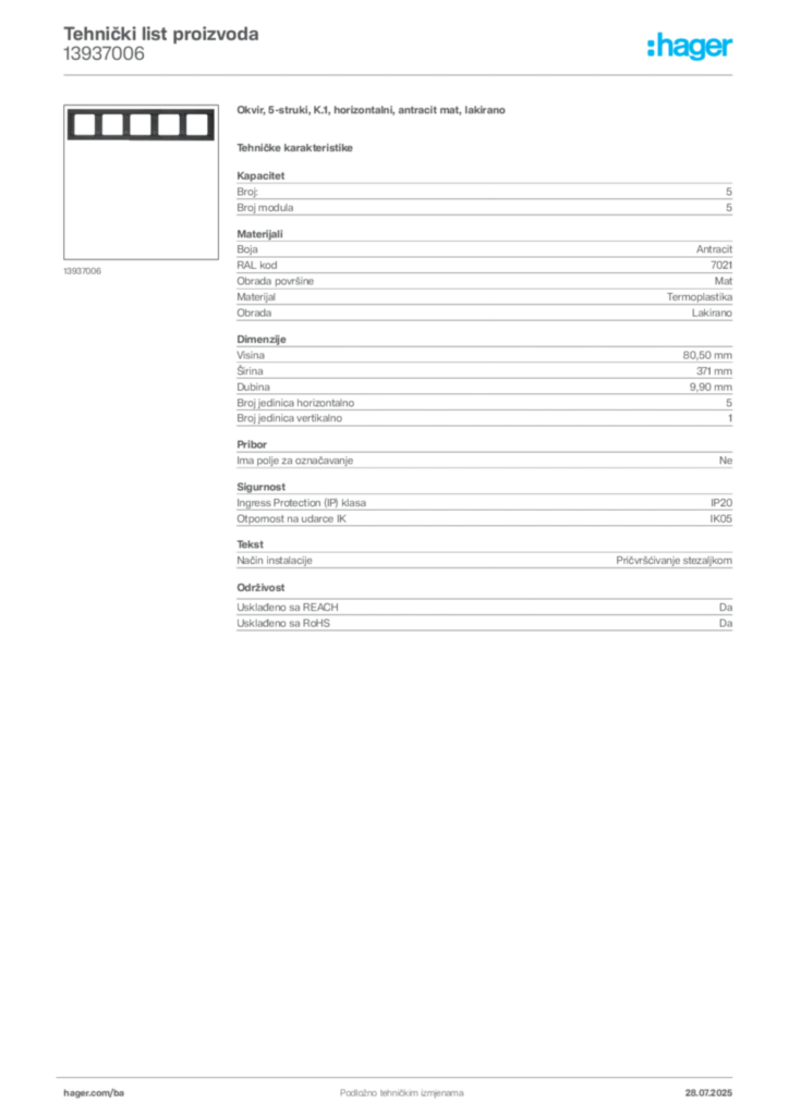 Slika Hager Product data sheet 13937006  | Hager