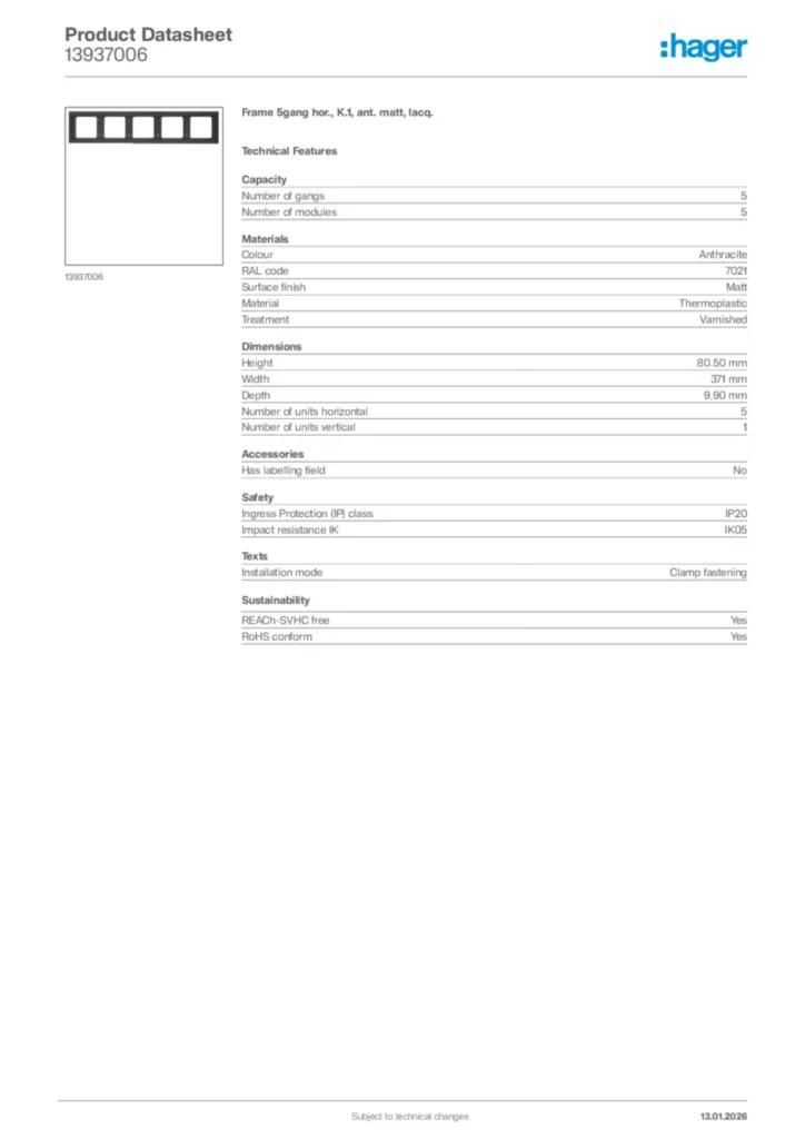 Image Hager Product data sheet 13937006  | Hager