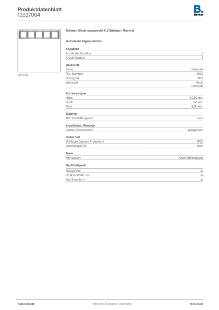 Bild Berker Produktdatenblatt 13937004 | Hager Deutschland