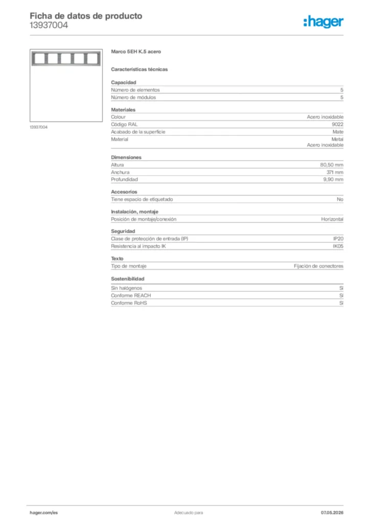 Imagen Hager Ficha de datos de producto 13937004 | Hager España