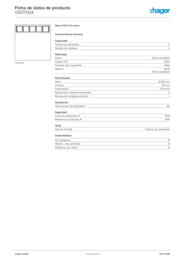 Imagen Hager Ficha de datos de producto 13937004 | Hager España