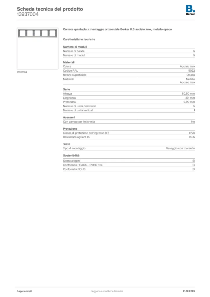 Immagine Berker Scheda tecnica del prodotto 13937004 | Hager Italia
