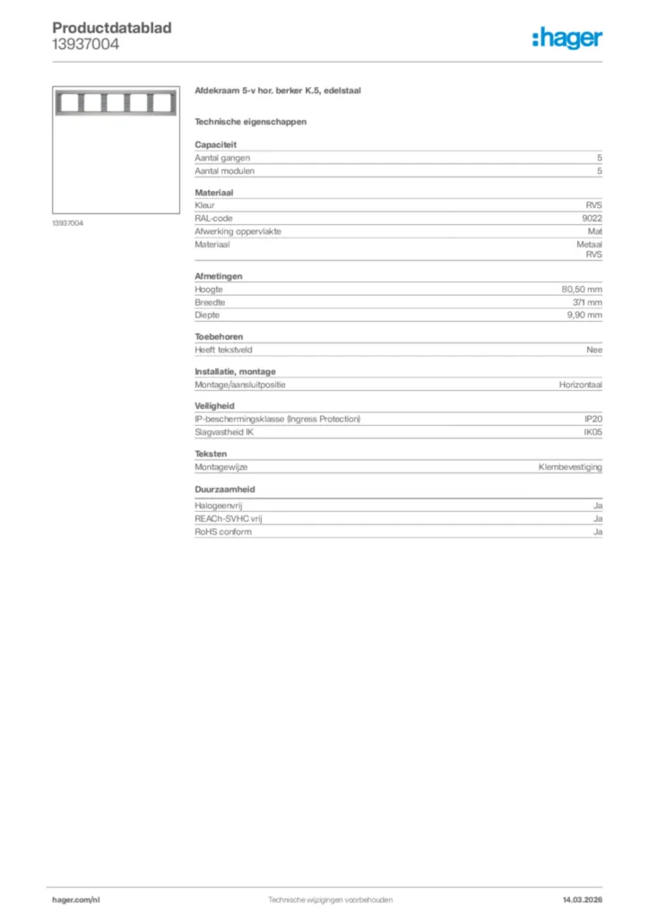 Afbeelding Hager Productdatablad 13937004 | Hager Nederland