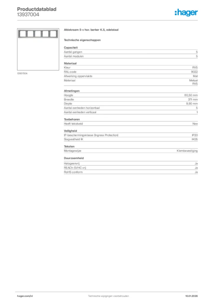 Afbeelding Hager Productdatablad 13937004 | Hager Nederland