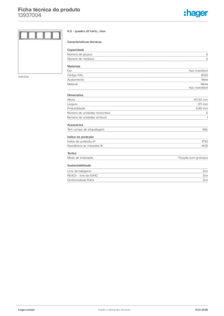 Imagem Hager Ficha técnica do produto 13937004 | Hager Portugal