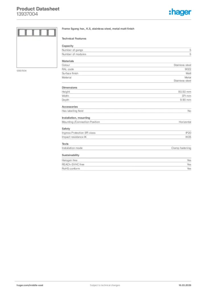 Image Hager Product data sheet 13937004  | Hager