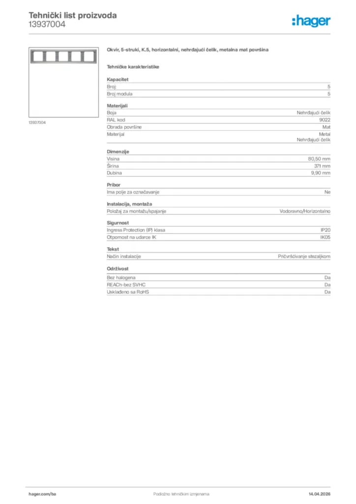 Slika Hager Tehnički list proizvoda 13937004  | Hager