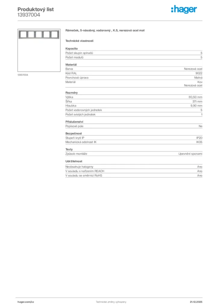 Obrázek Hager Produktový list 13937004 | Hager