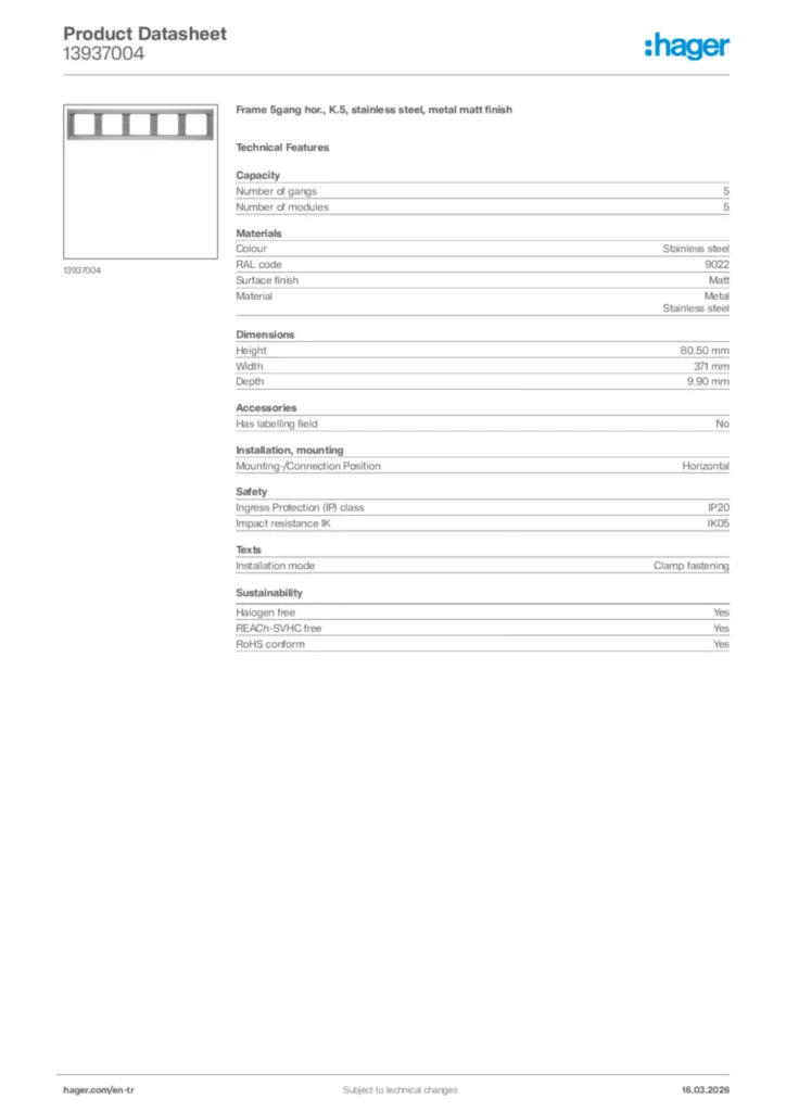 Image Hager Product data sheet 13937004  | Hager