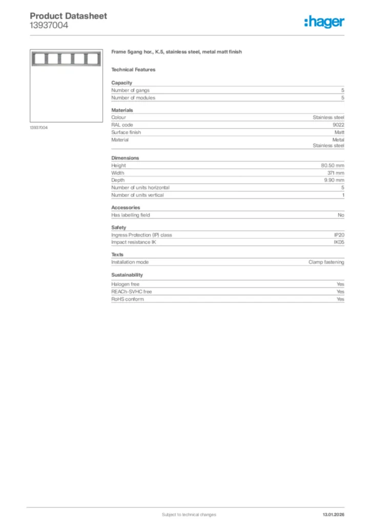 Image Hager Product data sheet 13937004  | Hager