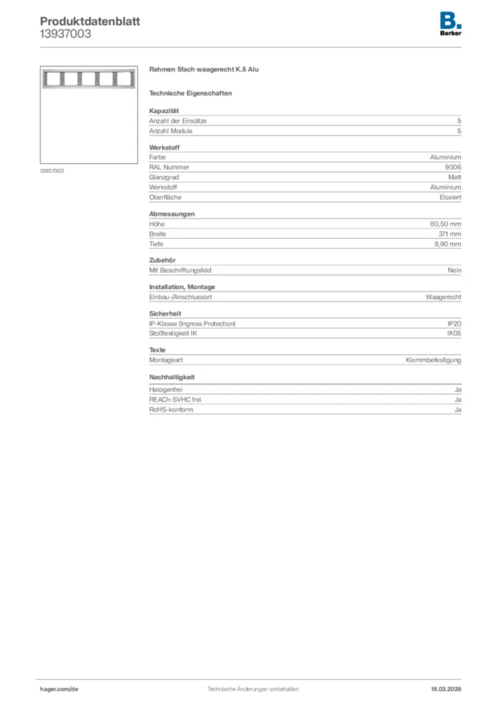 Bild Berker Produktdatenblatt 13937003 | Hager Deutschland