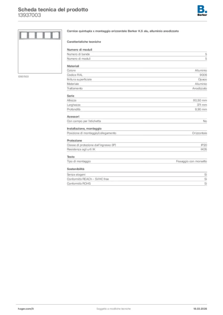 Immagine Berker Scheda tecnica del prodotto 13937003 | Hager Italia