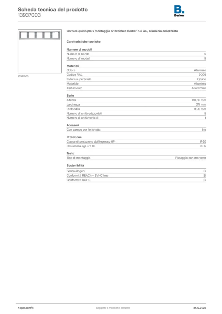 Immagine Berker Scheda tecnica del prodotto 13937003 | Hager Italia