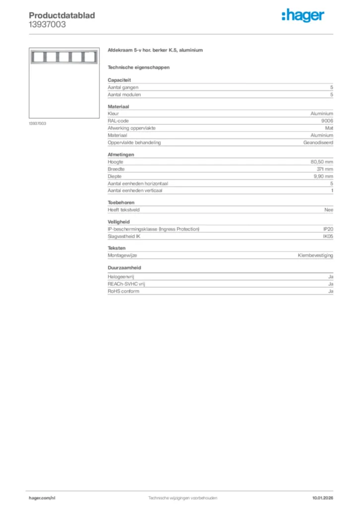 Afbeelding Hager Productdatablad 13937003 | Hager Nederland