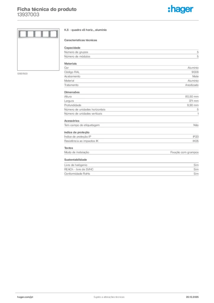 Imagem Hager Ficha técnica do produto 13937003 | Hager Portugal