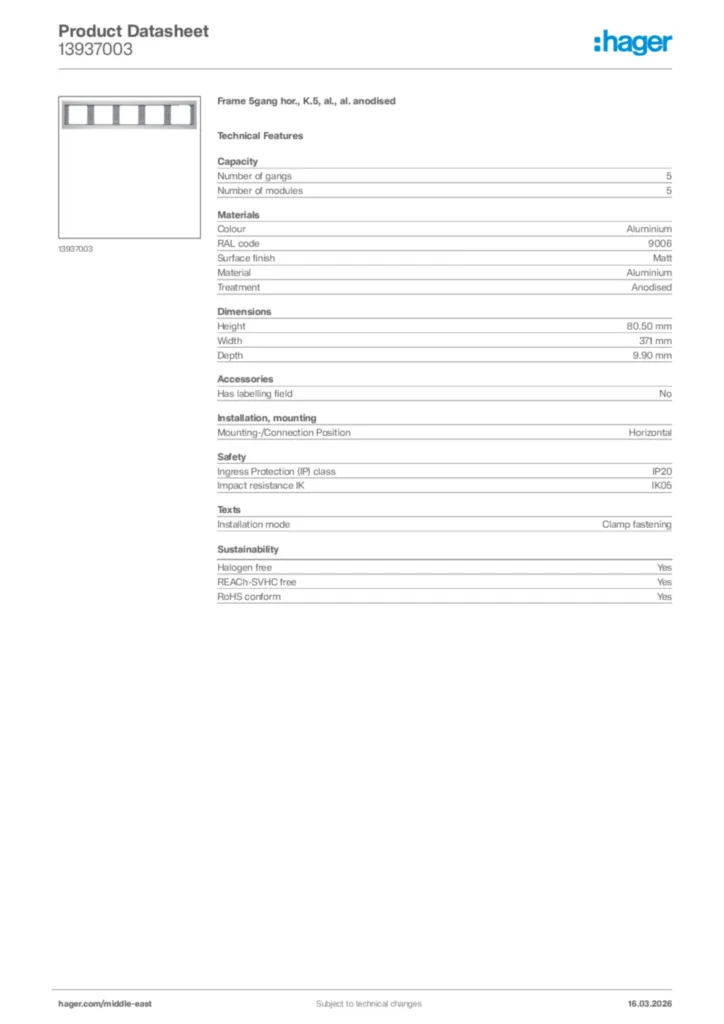Image Hager Product data sheet 13937003  | Hager