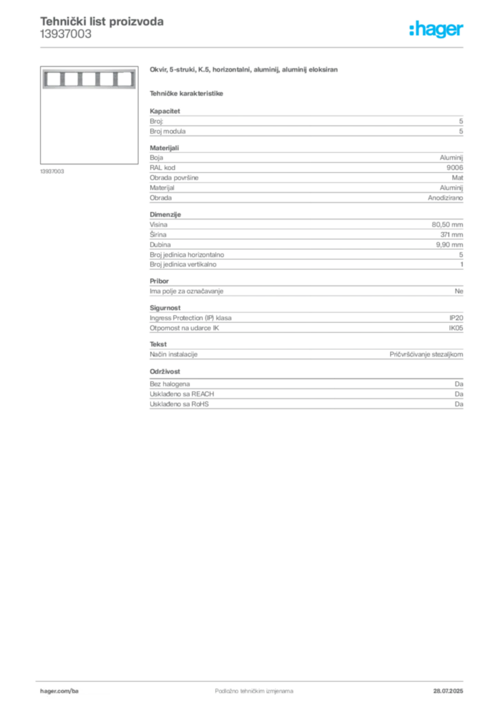 Slika Hager Product data sheet 13937003  | Hager