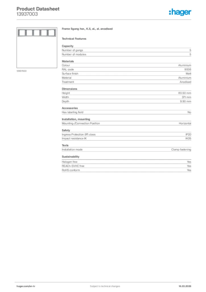 Image Hager Product data sheet 13937003  | Hager