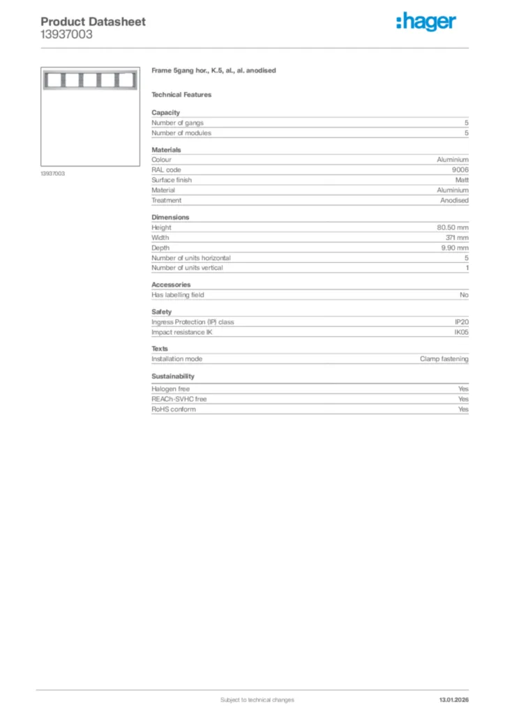 Image Hager Product data sheet 13937003  | Hager